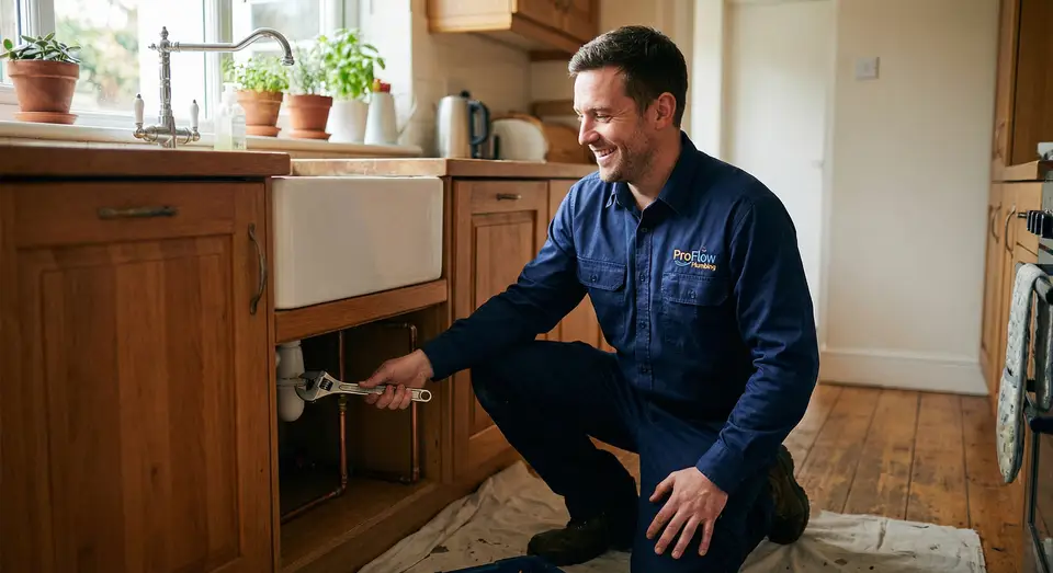 Licensed ProFlow plumber repairing copper pipes under a kitchen sink in a modern Toronto home