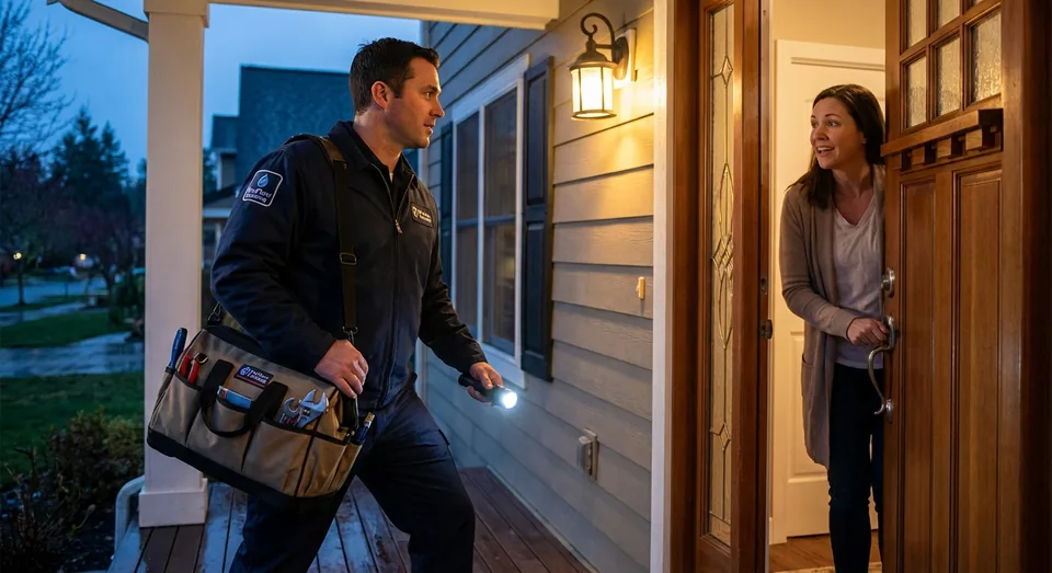 Professional plumber performing emergency plumbing service in a residential home