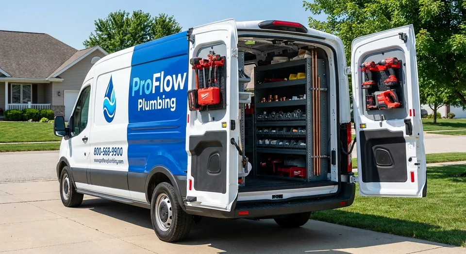 White ProFlow Plumbing branded service van fully stocked with tools and equipment