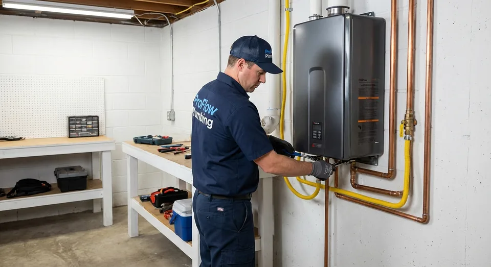 ProFlow technician performing water heater installation & repair in a GTA home