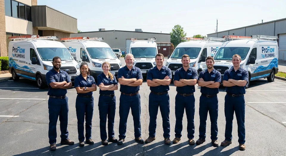 The ProFlow Plumbing team of 12 licensed plumbers standing in front of company service trucks